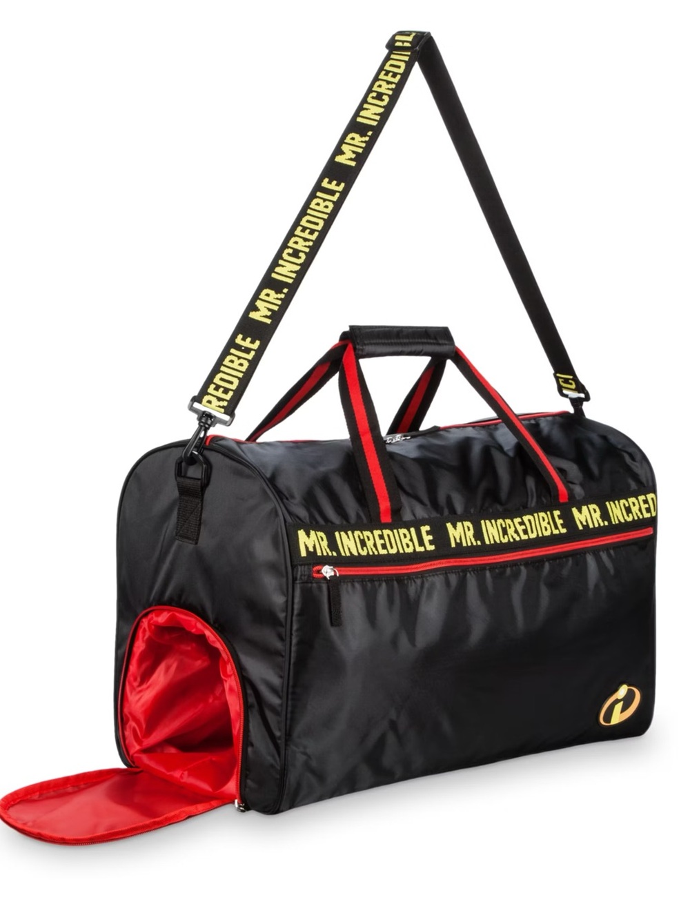 Disney Mr. Incredible Black and Red Duffel Bag with Yellow Logo Trim